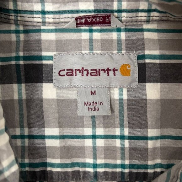 CARHARTT Relaxed Fit Short Sleeve Button Up Green Gray Plaid Size Medium - Picture 3 of 4